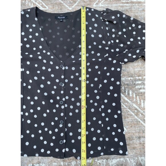 Retro Polka Dot Chiffon Button Blouse Black White Smocked Cuffs Sz 4 Retro Chic - Picture 10 of 15